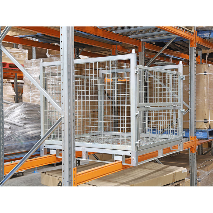 Mesh Stillage Transport Storage cage pictured with pallet racking