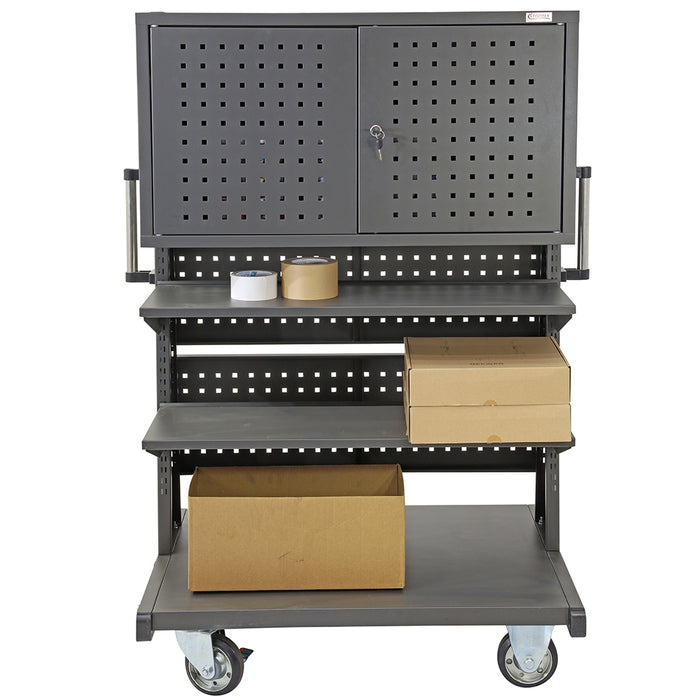 Mobile Panel Cart With Storage Cabinet pictured with boxes